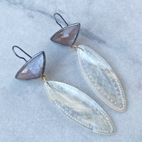 Peach Moonstone and Antique Mother of Pearl Chinese Gaming Token Earrings